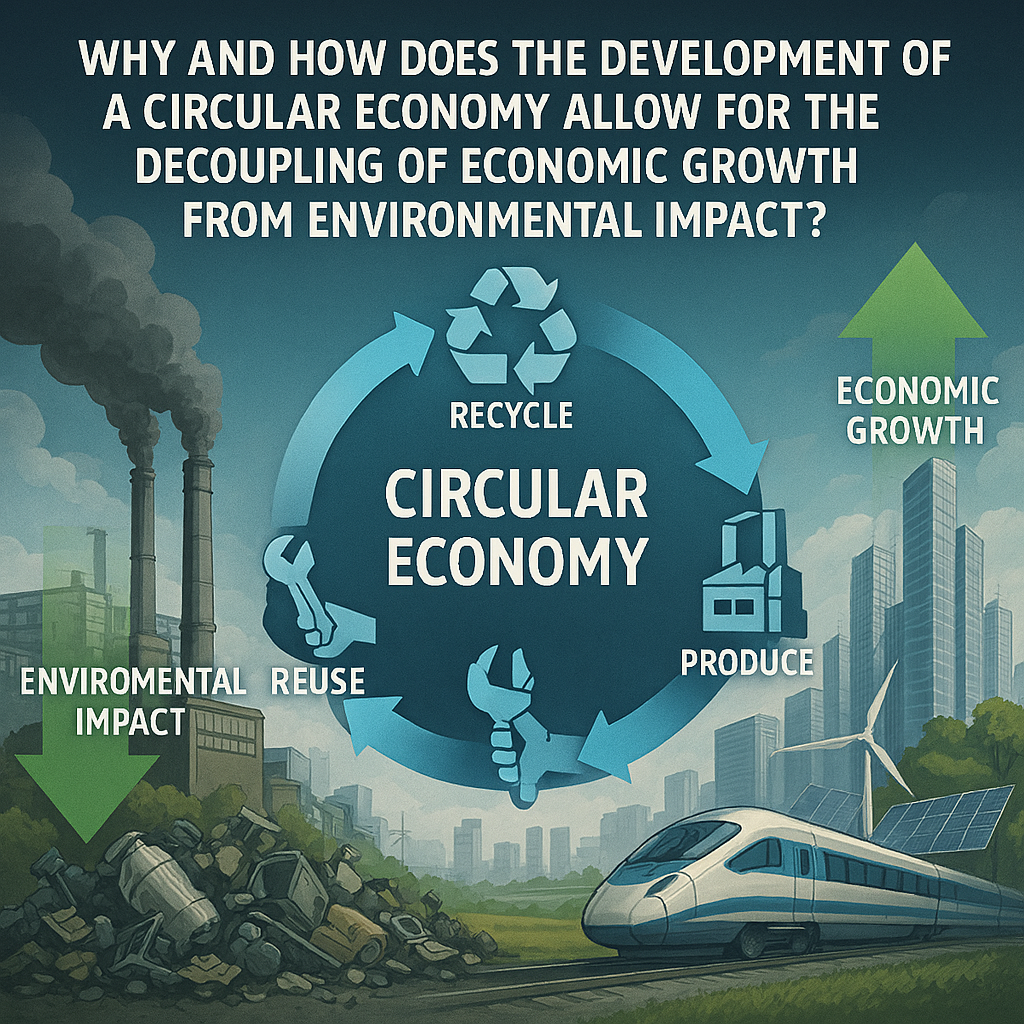 Why and how does the development of a circular economy allow for the decoupling of economic growth from environmental impact?